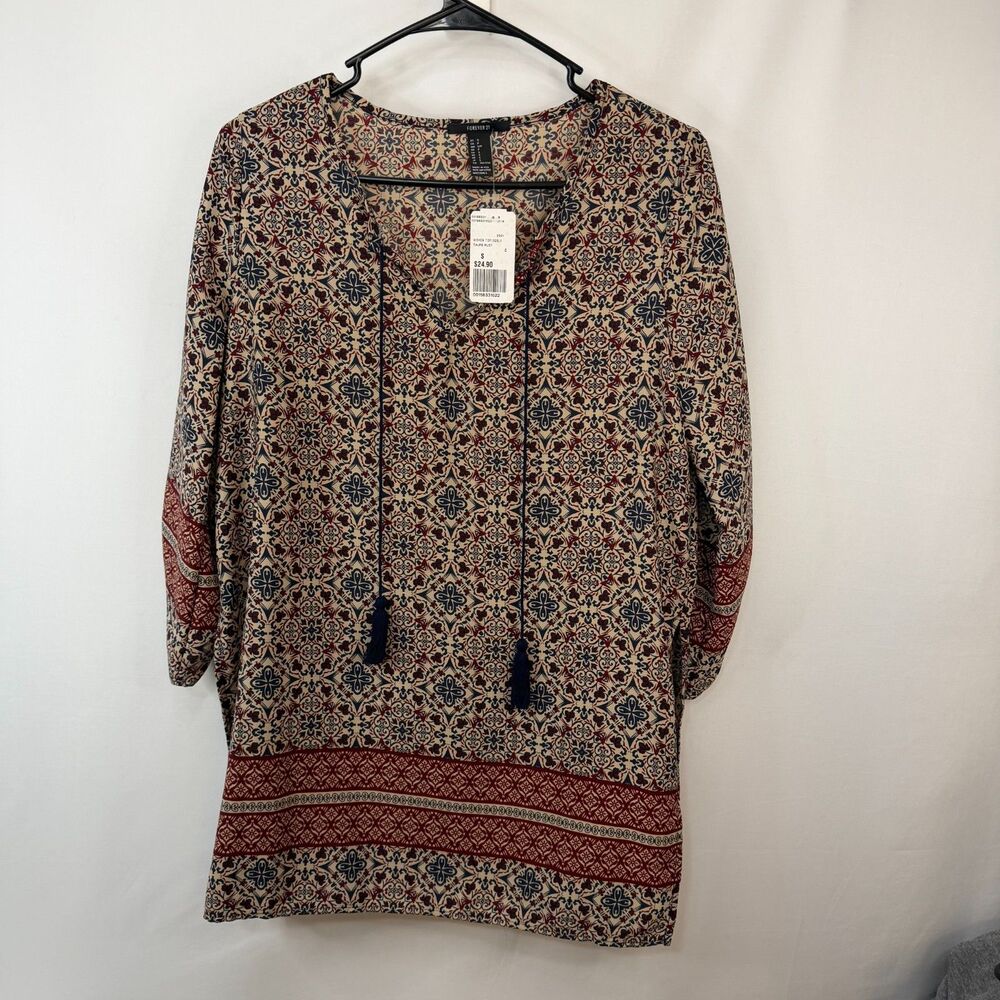 Size S Forever 21 Boho Paisley Tunic Top NWT Tassel 3/4 Sleeve Taupe Rust